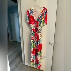 V-Neck Floral Tie Detail Maxi Dress - Multi colored